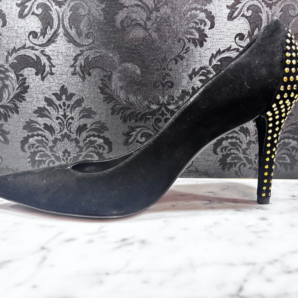 Stuart Weitzman black suede pumps with gold heel stud detail